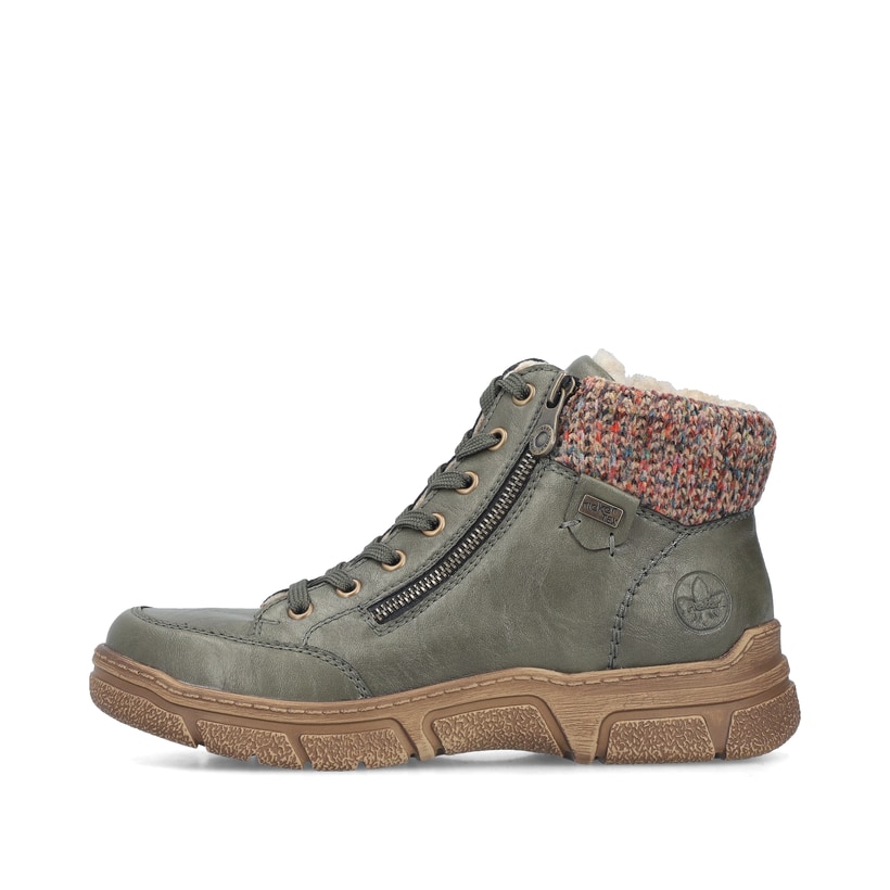 Dunkelgrüne Rieker Damen Schnürstiefel 72322-54 mit einem Reißverschluss. Schuh Außenseite.