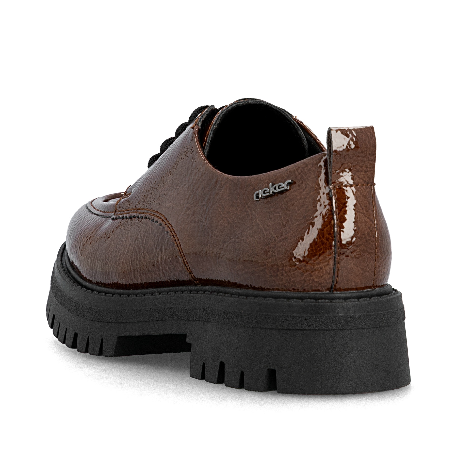 Braune Rieker Damen Schnürschuhe 47500-25 mit einer extra weichen Decksohle. Schuh von hinten.