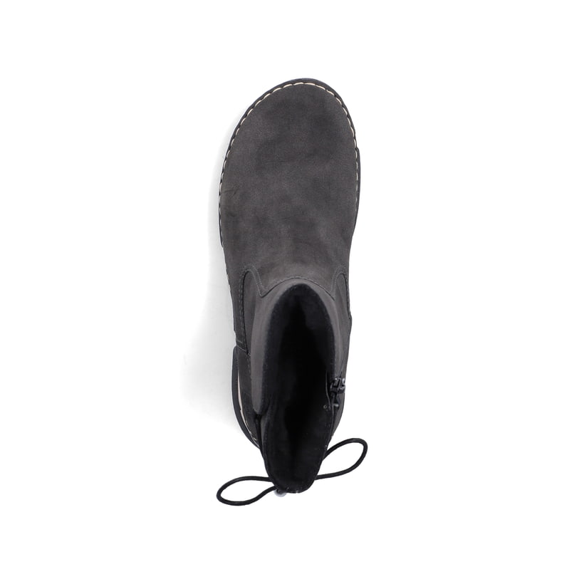 Dunkelgraue Rieker Damen Kurzstiefel 45990-45 mit einem Reißverschluss. Schuh von oben.