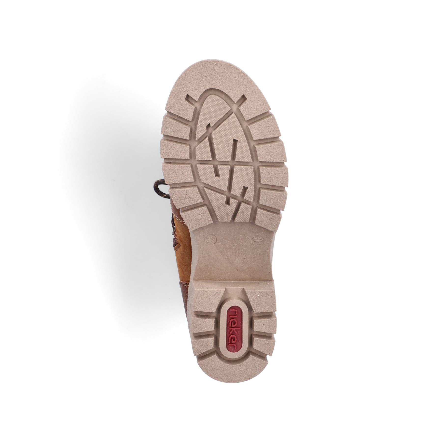 Vegane, braun-beige Rieker Damen Kurzstiefel 74574-24 mit einem Reißverschluss. Schuh Laufsohle.