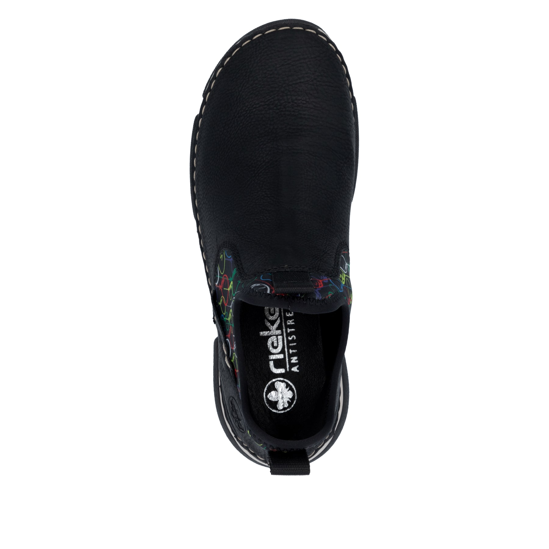 Urbanschwarze Rieker Damen Slipper 45957-00 mit einer schockabsorbierenden Sohle. Schuh Laufsohle