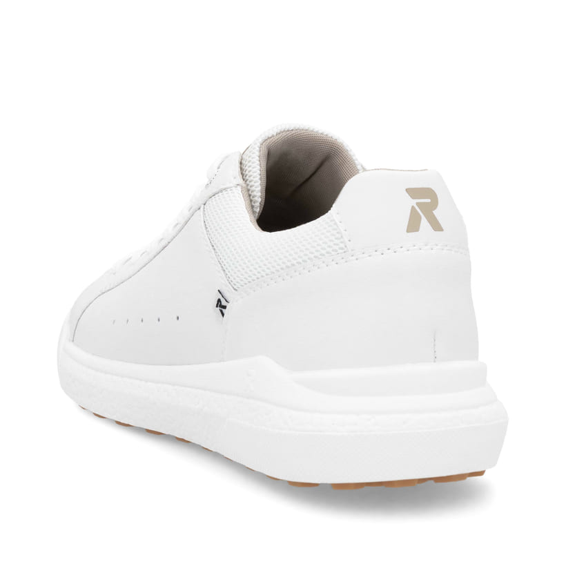 Baskets basses Rieker blanches homme U1100-80 en cuir lisse avec lacets. Chaussure vue de l'arrière.