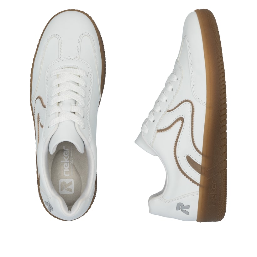 Weiße Rieker Damen Sneaker Low M5512-81 mit einer Schnürung. Schuh von oben, liegend.