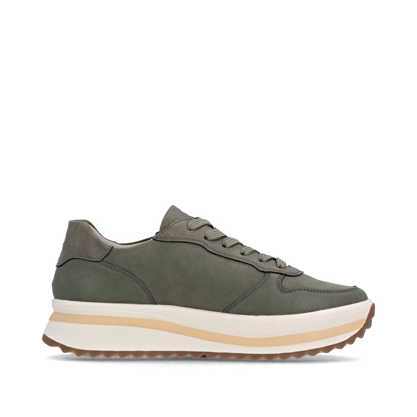 Grünbeige Rieker Damen Sneaker Low W3800-54 aus Glattleder mit einer Schnürung. Schuh Innenseite.