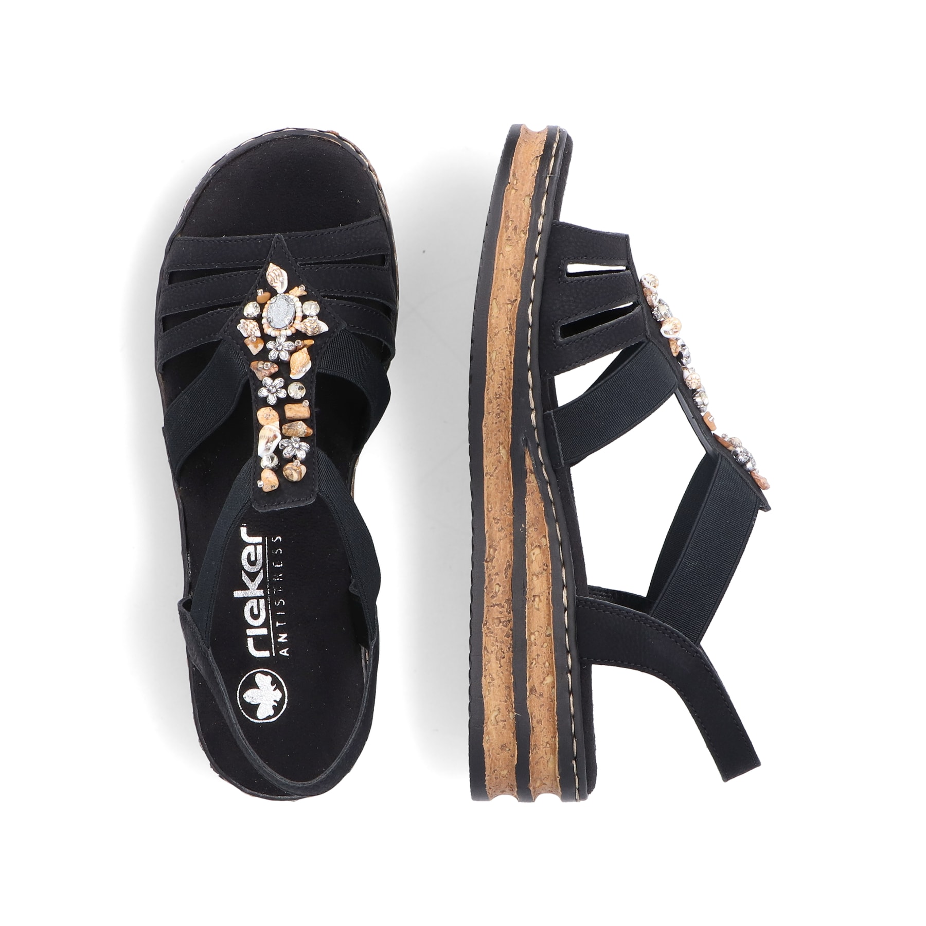 Schwarze Rieker Keilsandaletten 62949-00 mit Schmuckelementen sowie Gummizug. Schuh von oben, liegend.