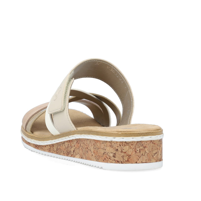 Beige Rieker Damen Pantoletten V3652-94 mit Klettverschluss sowie leichter Sohle. Schuh von hinten.