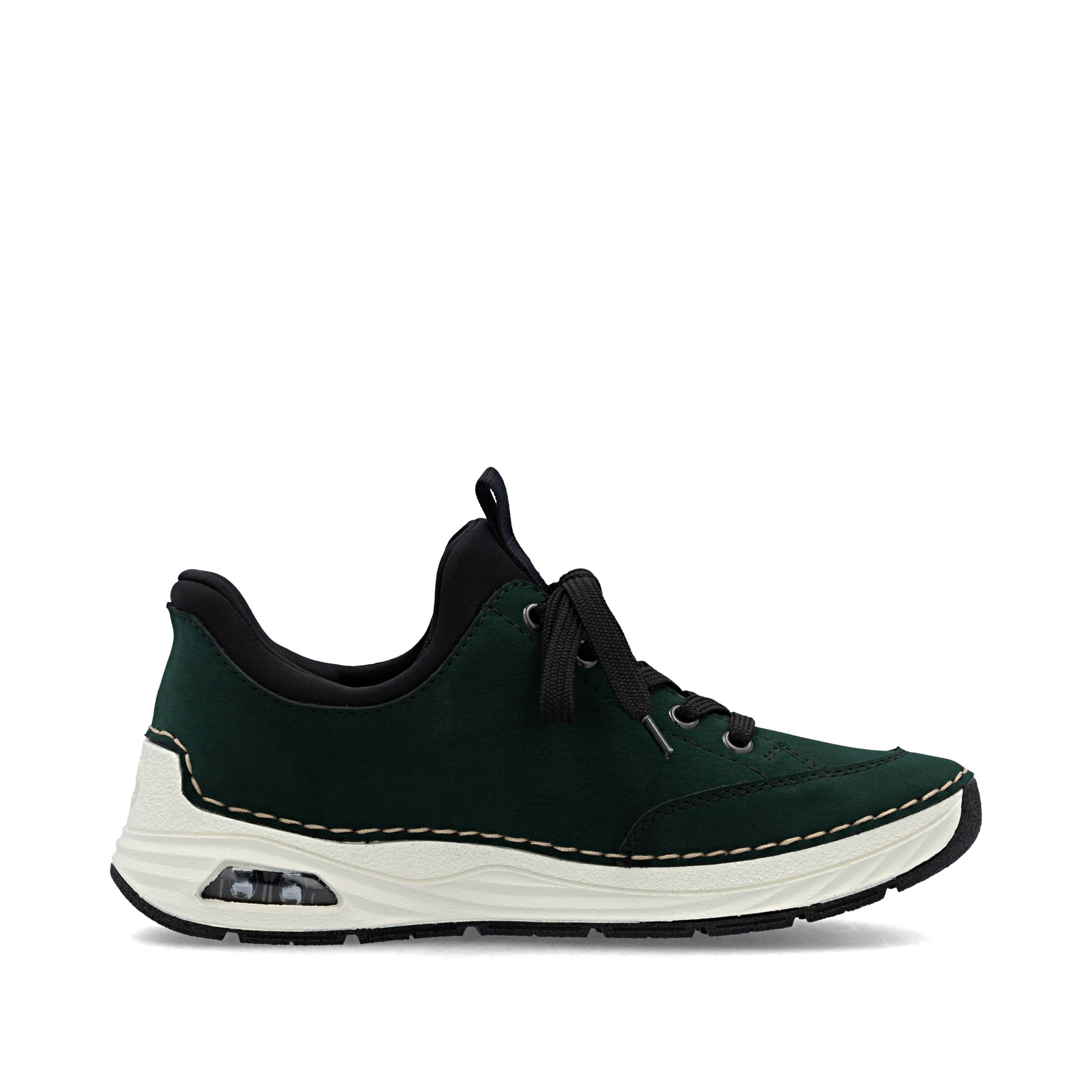 Dunkelgrüne Rieker Damen Slipper 44567-54 mit Rieker Air Sohlenfenster. Schuh Innenseite.