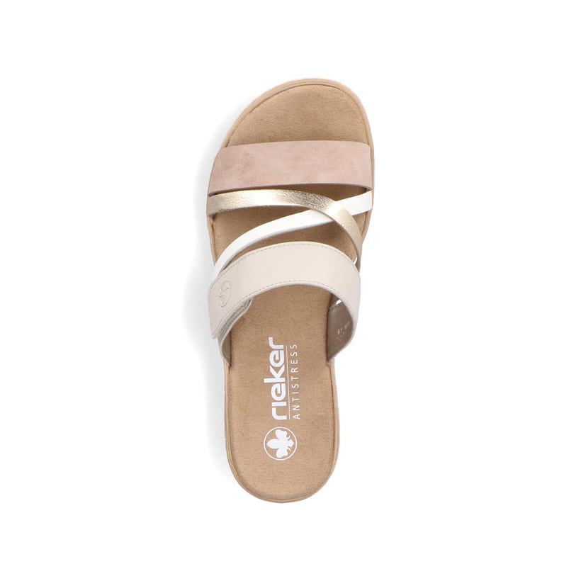 Beige Rieker Damen Pantoletten V3652-94 mit Klettverschluss sowie leichter Sohle. Schuh von oben.