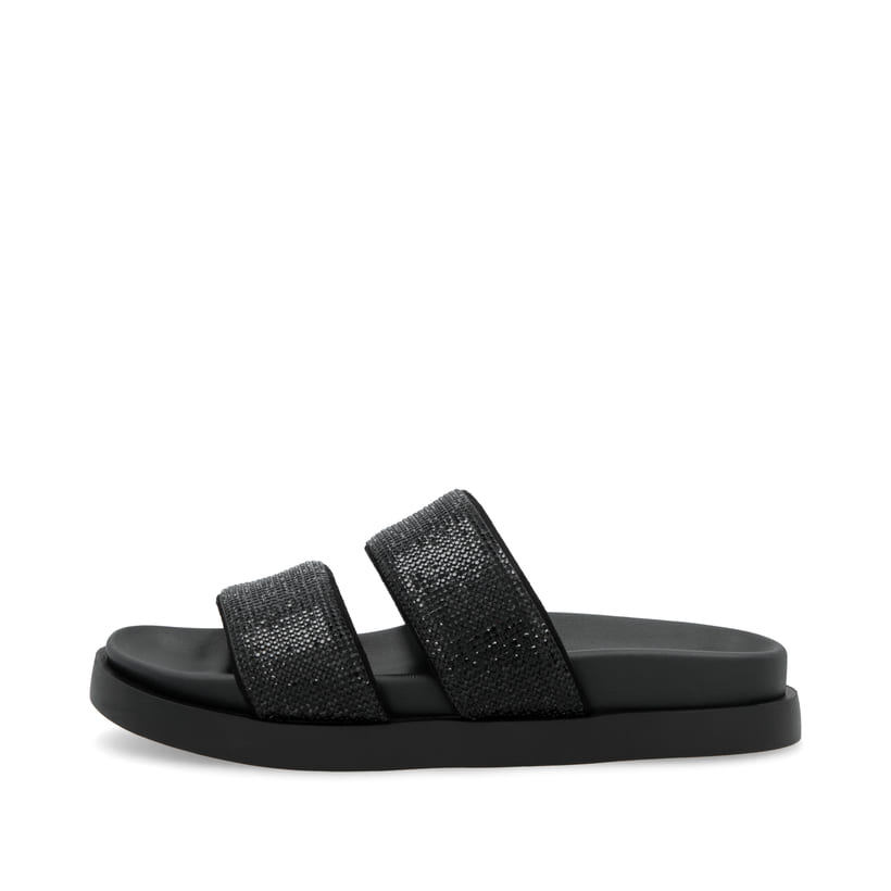 Schwarze vegane Rieker Damen Pantoletten W1451-01 mit einer ultraleichten Sohle. Schuh Außenseite.