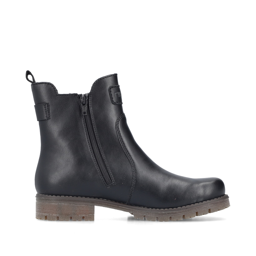 Schwarze Rieker Damen Chelsea Boots 79561-00 mit einem Reißverschluss. Schuh Innenseite.