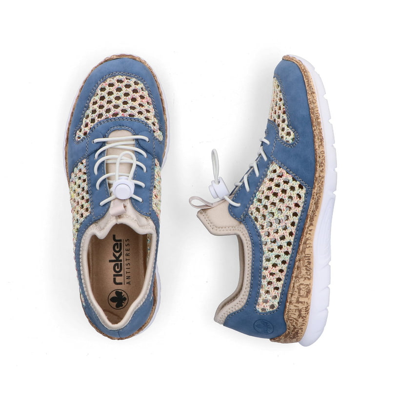 Mehrfarbige Rieker Damen Slipper N42G6-90 mit einem Gummizug. Schuh von oben, liegend.