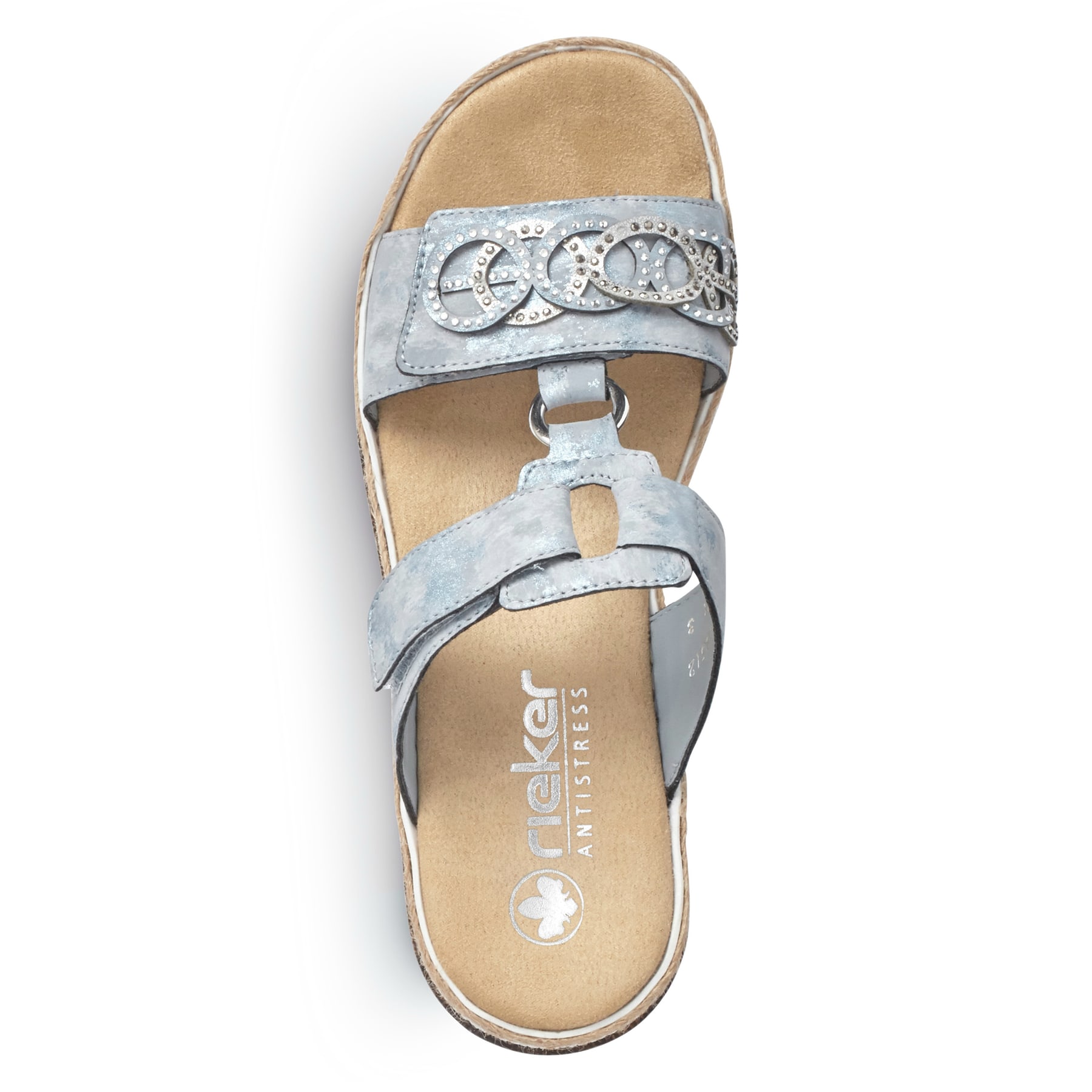 Blaue Rieker Damen Pantoletten V7986-12 mit einem Klettverschluss. Schuh von oben.