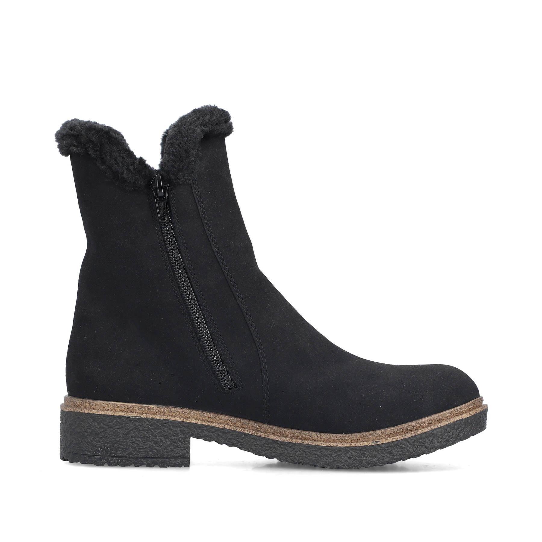 Schwarze Rieker Damen Chelsea Boots Z5076-00 mit Fellschaftrand. Schuh Innenseite.