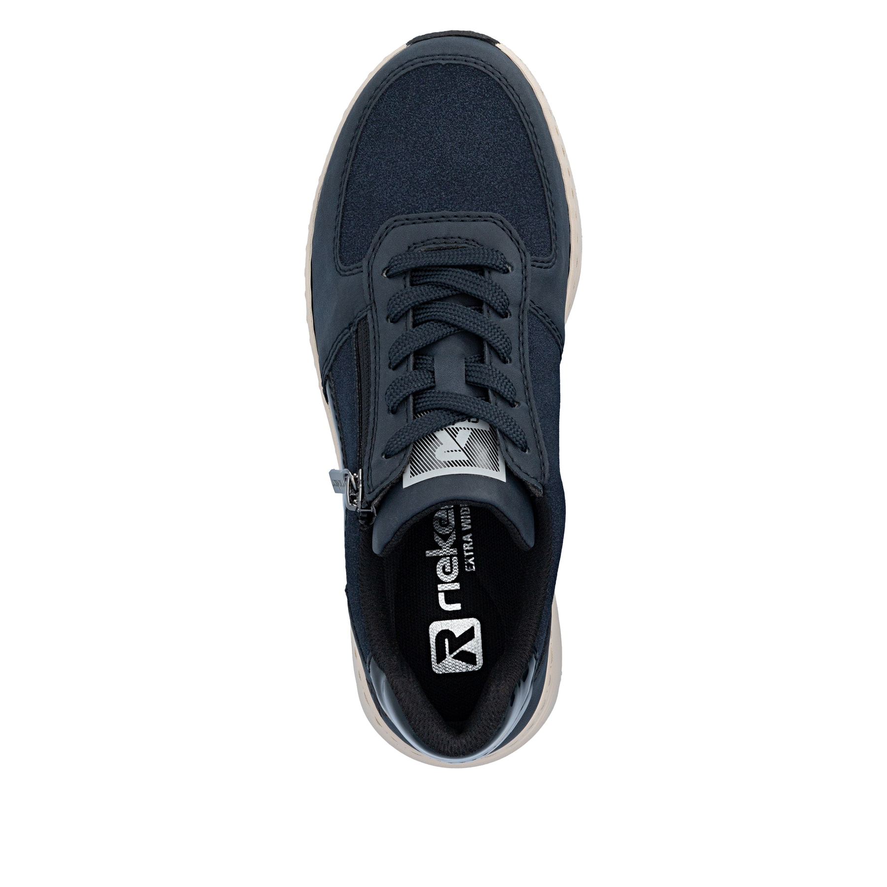 Dunkelblaue Rieker Damen Sneaker Low 53101-15 mit einem Reißverschluss. Schuh von oben.