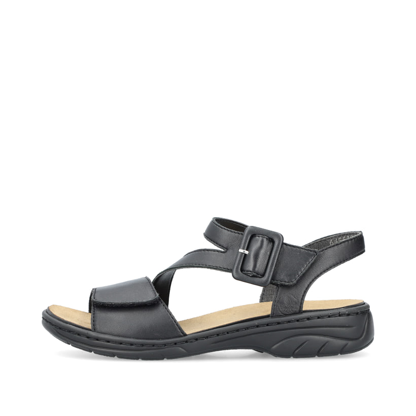 Schwarze Rieker Damen Riemchensandalen 64561-00 mit trendigen Schnalle. Schuh Außenseite.