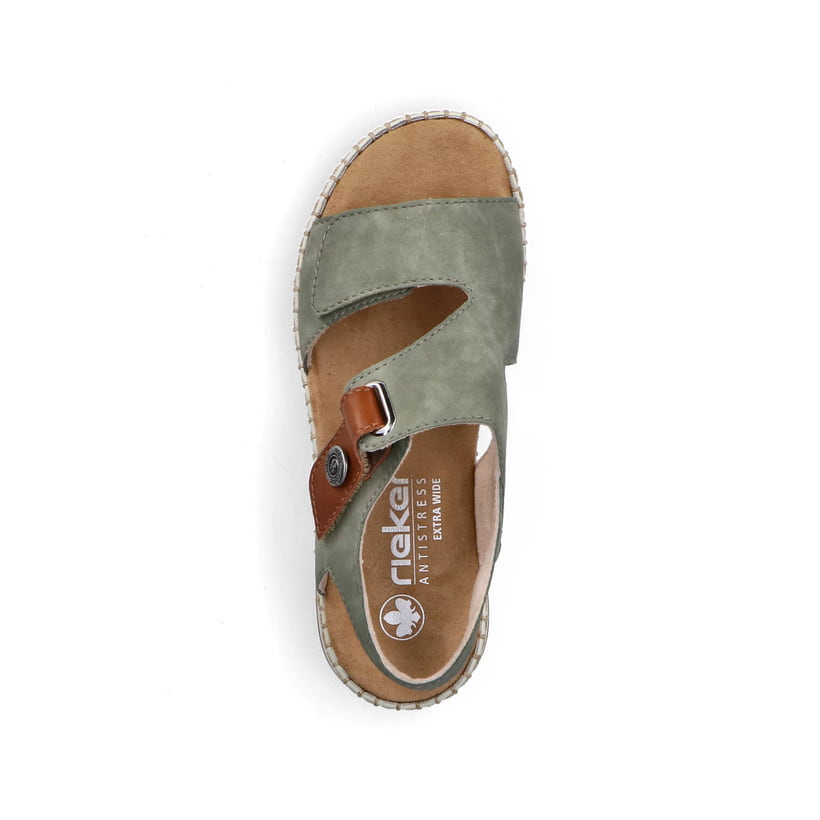 Khakifarbene Rieker Damen Riemchensandalen 66280-52 mit einem Klettverschluss. Schuh von oben.