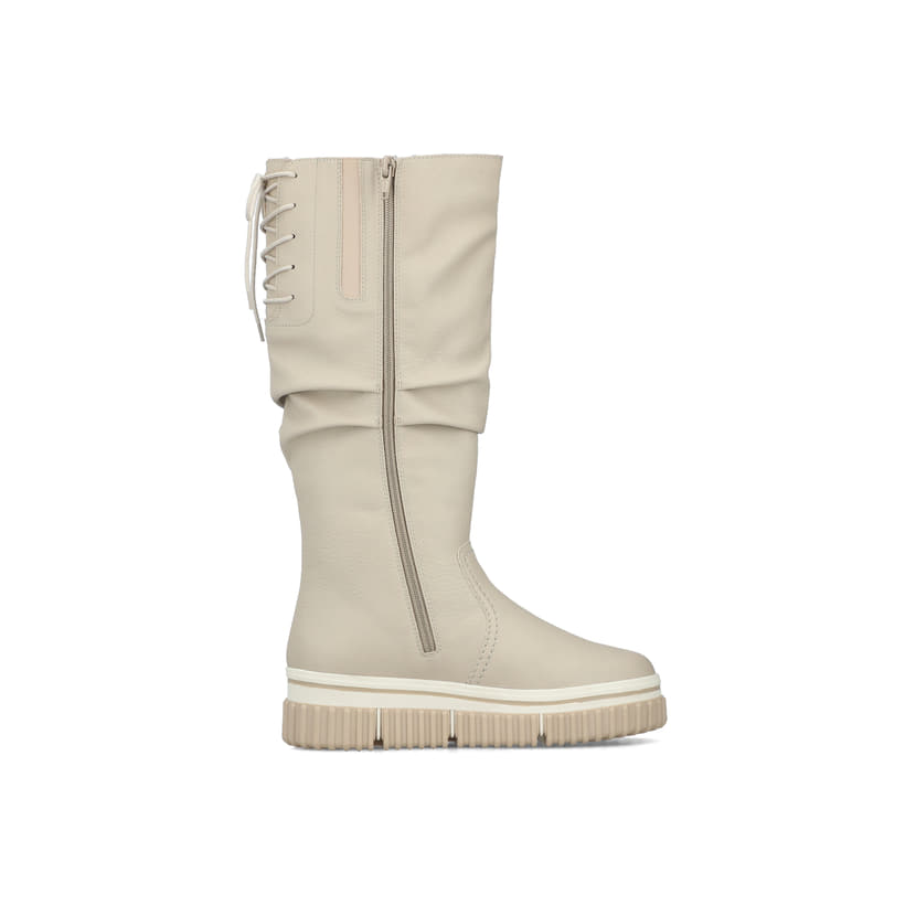 Cremefarbene Rieker Damen Hochschaftstiefel Y6370-60 mit gerafftem Schaft. Schuh Innenseite.