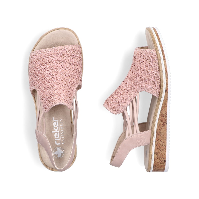 Rosane Rieker Keilsandaletten V3641-31 mit Gummizug sowie einer leichten Sohle. Schuh von oben, liegend.