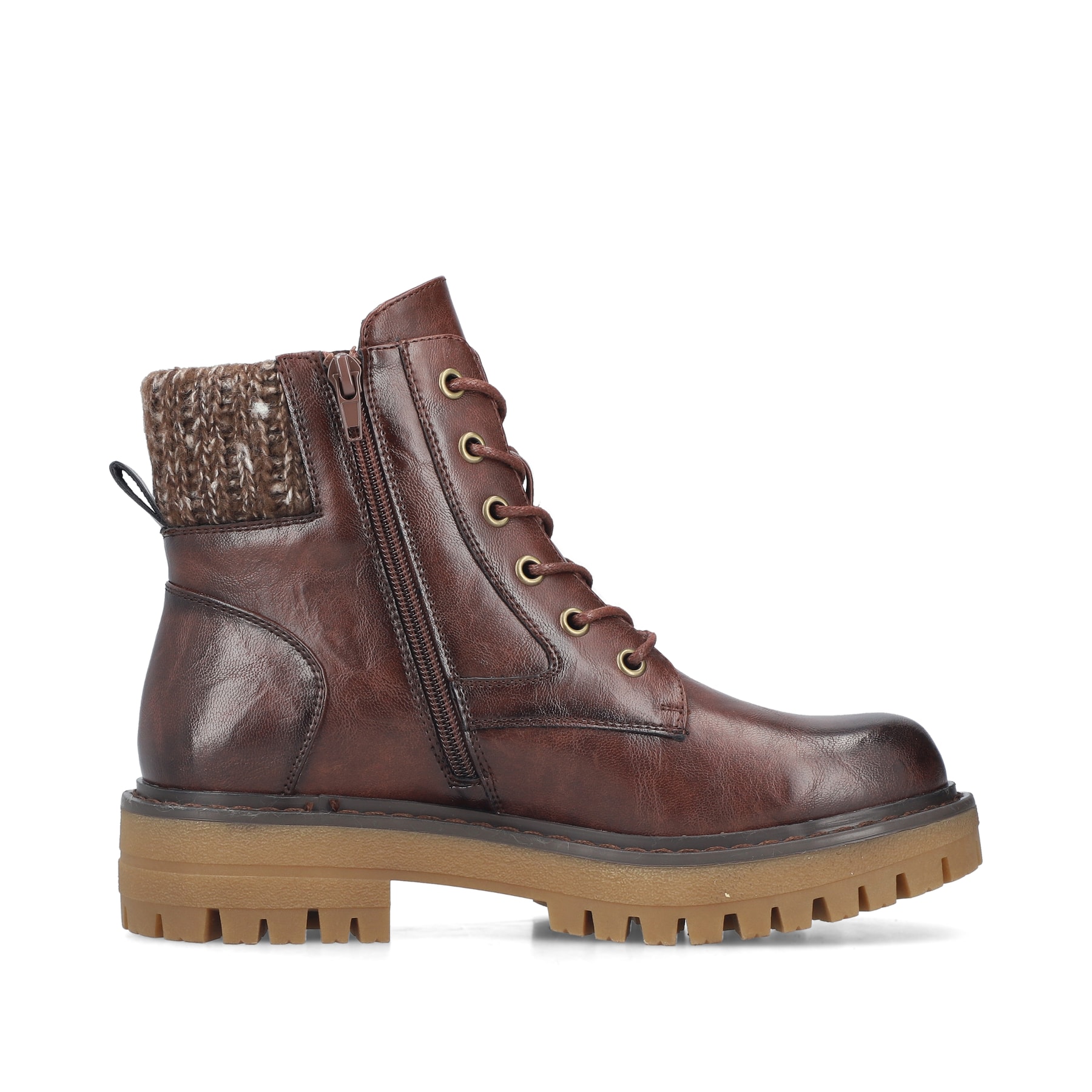 Dunkelbraune Rieker Damen Schnürstiefel 92920-25 mit einem Reißverschluss. Schuh Innenseite.