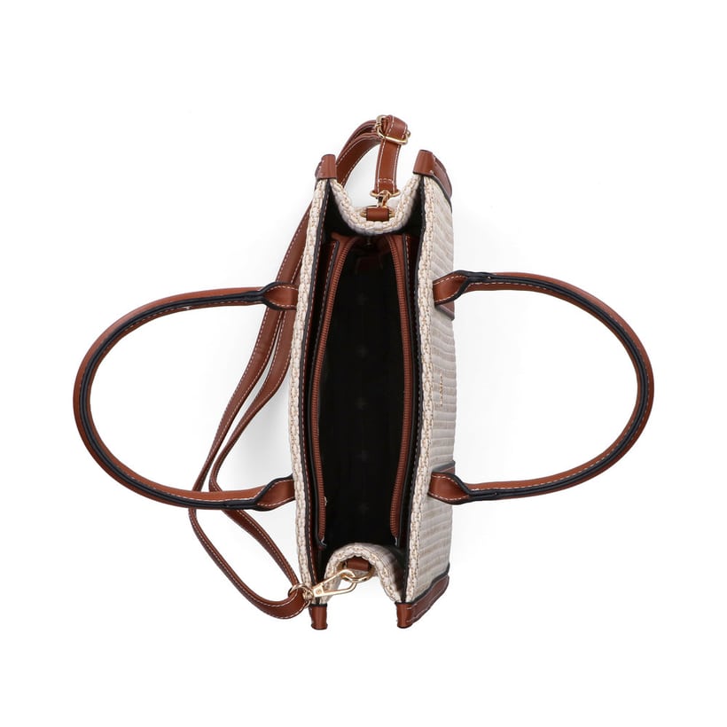 Sac à main Rieker H1013-60 beige avec aspect raphia et fermeture éclair. Ouvert.