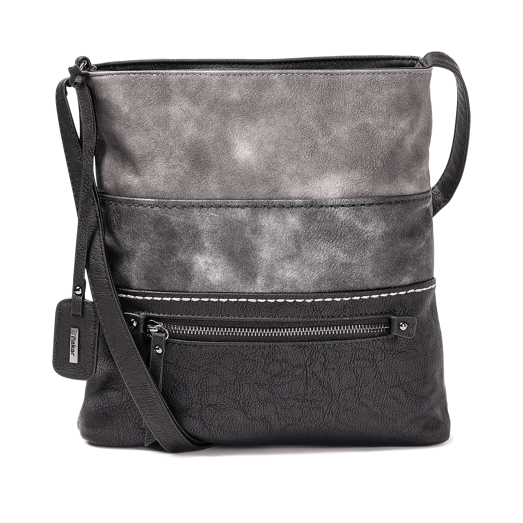 Rieker Damen Handtasche H1301-45 in Stahlschwarz-Grau-Altrosa aus Kunstleder mit Reißverschluss. Handtasche Vorderseite.