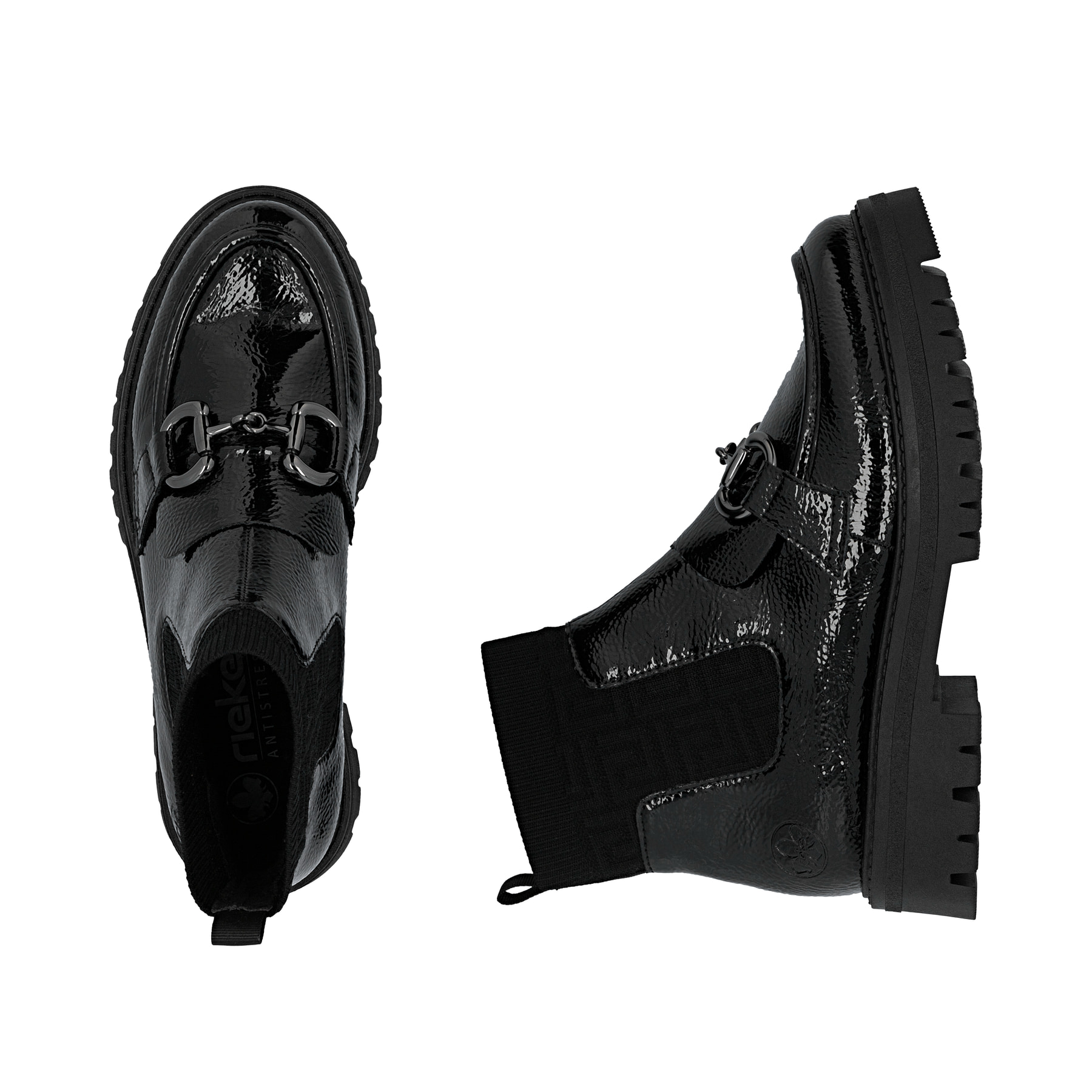 Schwarze Rieker Damen Chelsea Boots 47573-00 mit einer extra weichen Decksohle. Schuh von oben, liegend.