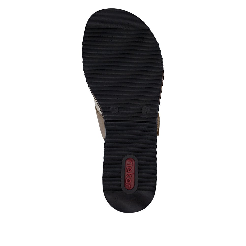 Beige Rieker Damen Pantoletten V3652-62 mit Klettverschluss sowie leichter Sohle. Schuh Laufsohle.