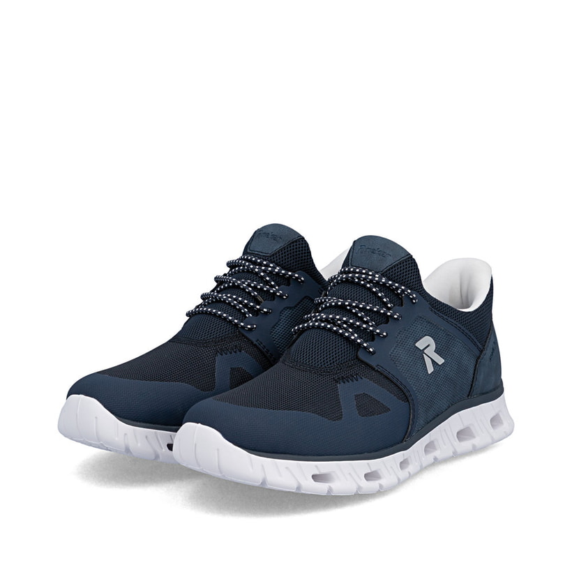 Baskets basses Rieker bleues homme 04355-14 avec option easy in facile. Chaussures inclinées sur le côté.