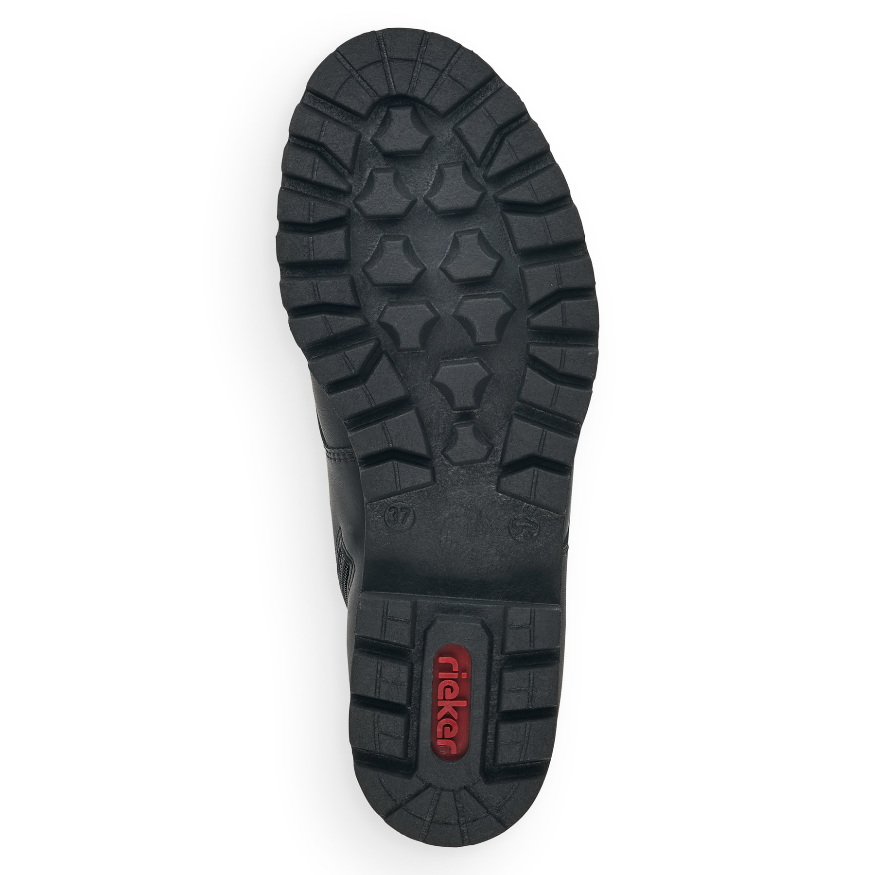 Tiefschwarze Rieker Damen Schnürstiefel 785M1-00 mit einer robusten Profilsohle. Schuh Laufsohle