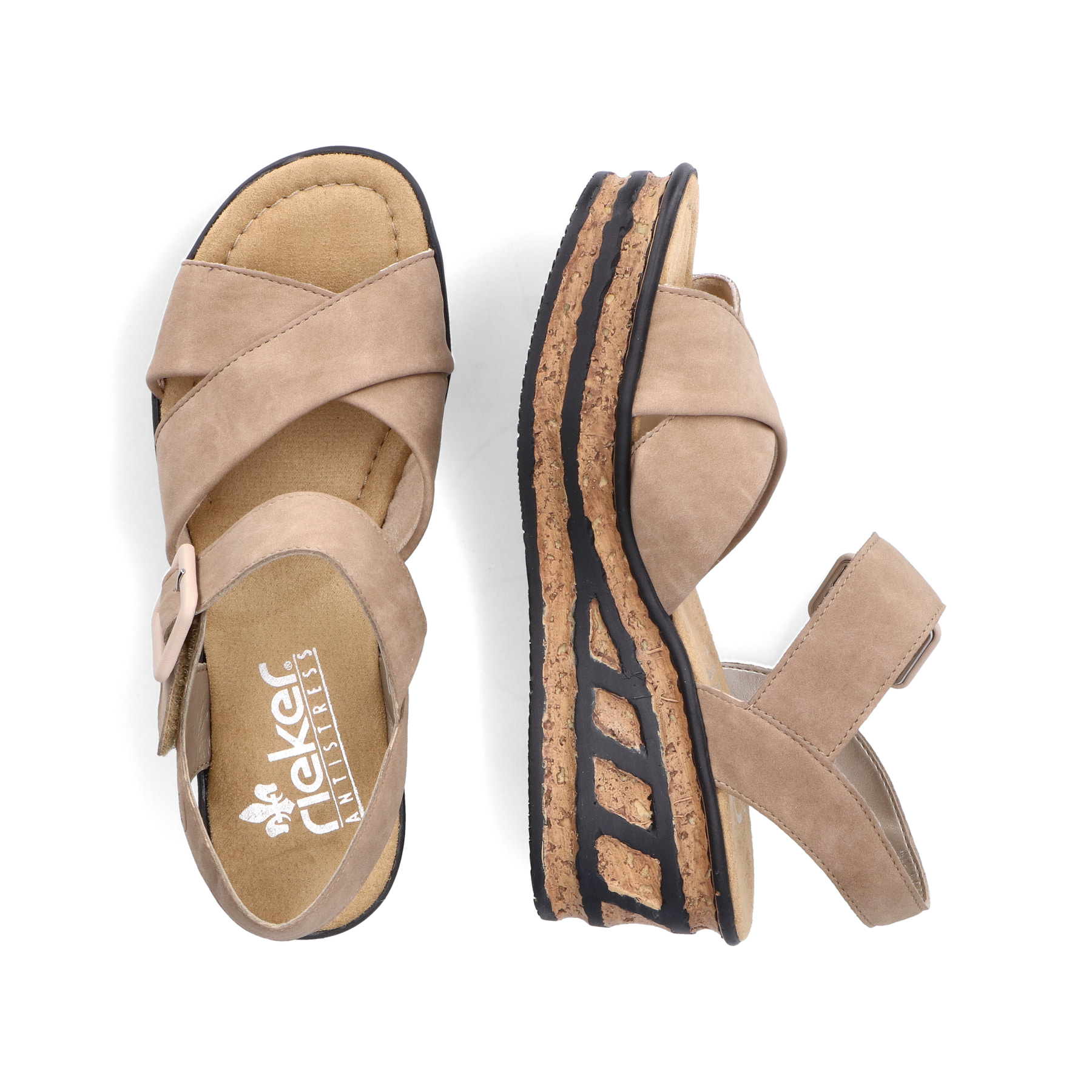 Beige Rieker Keilsandaletten 68163-62 mit trendigen Schnalle. Schuh von oben, liegend.