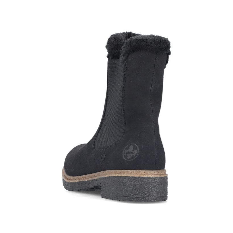 Schwarze Rieker Damen Chelsea Boots Z5076-00 mit Fellschaftrand. Schuh von hinten.