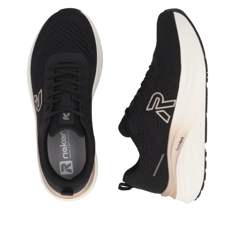 Schwarze Rieker Sport Damen Sneaker Low W4101-01. Schuh von oben, liegend.