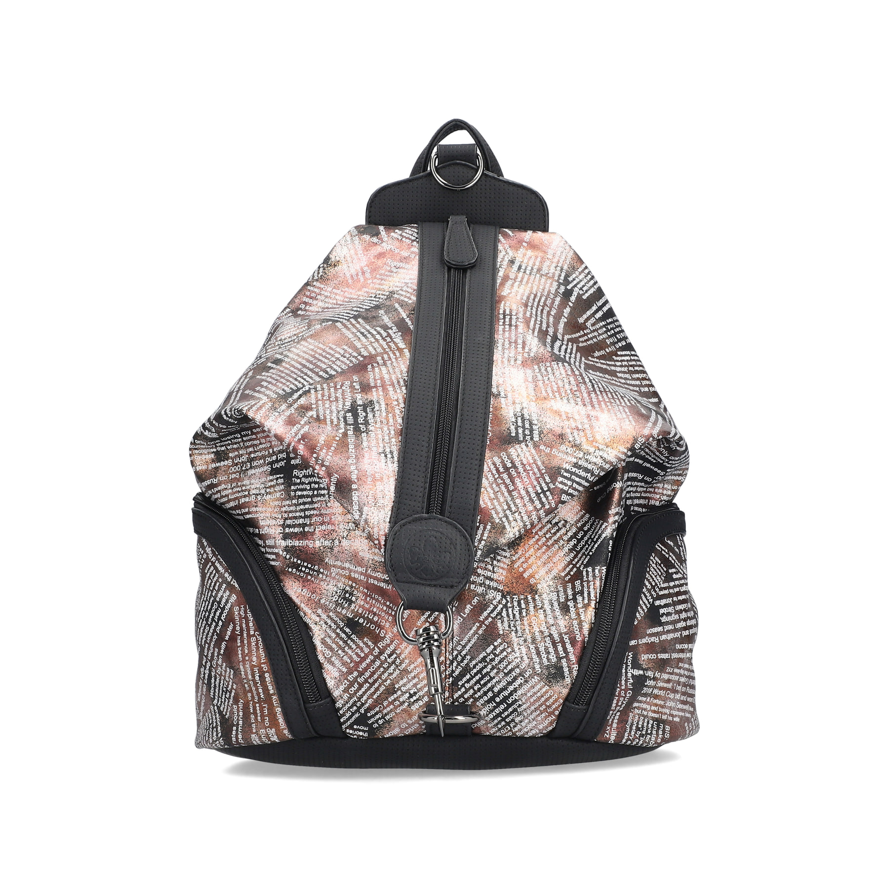 Rieker Rucksack H1055-96 in Metallic mit Textprint, Reißverschluss, Handyfach und praktischem Karabiner. Vorderseite.
