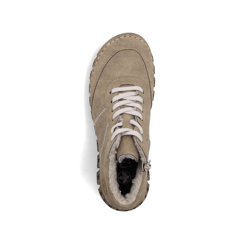 Graue Rieker Damen Schnürstiefel 57520-20 mit modernen Ziernähten. Schuh von oben.