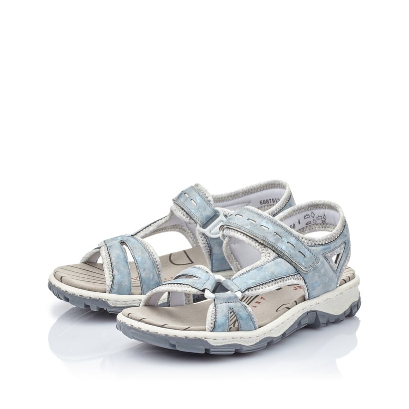 Blaue Rieker Damen Trekkingsandalen 68879-12 mit einem Klettverschluss. Schuhpaar seitlich schräg.