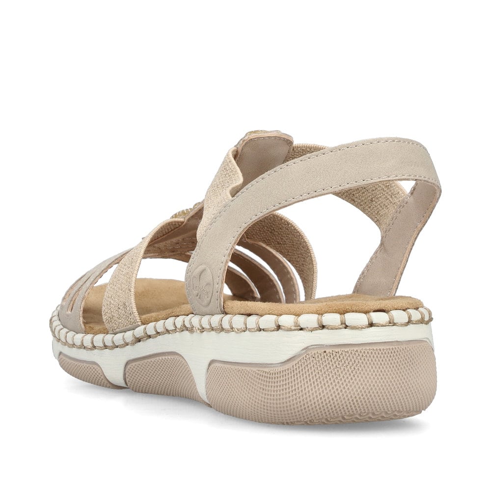 Beige Rieker Damen Riemchensandalen 66201-62 mit Schmuckelementen sowie Gummizug. Schuh von hinten.