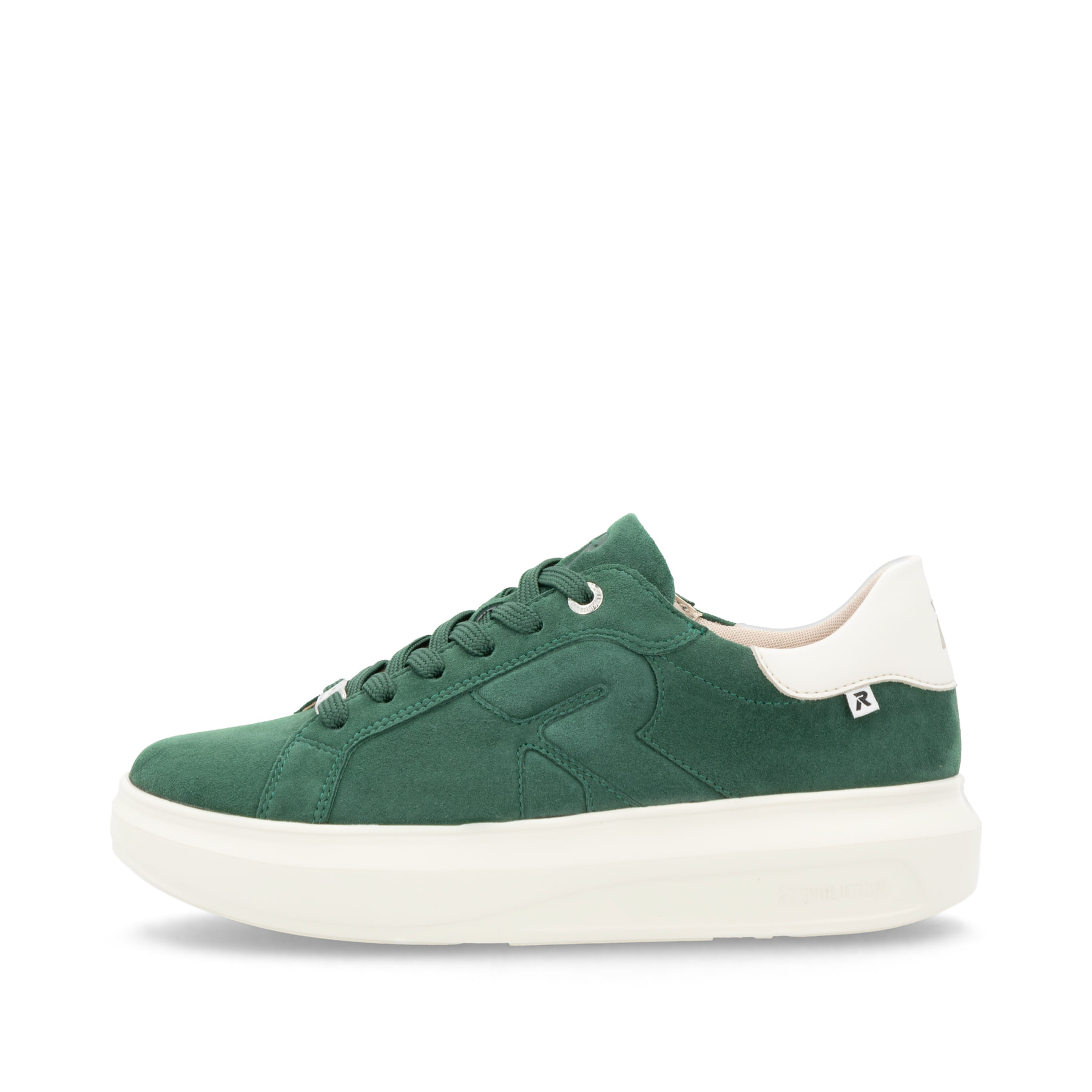 Baskets basses Rieker vertes pour femme W1204-54 avec semelle à plateau. Côté extérieur de la chaussure.