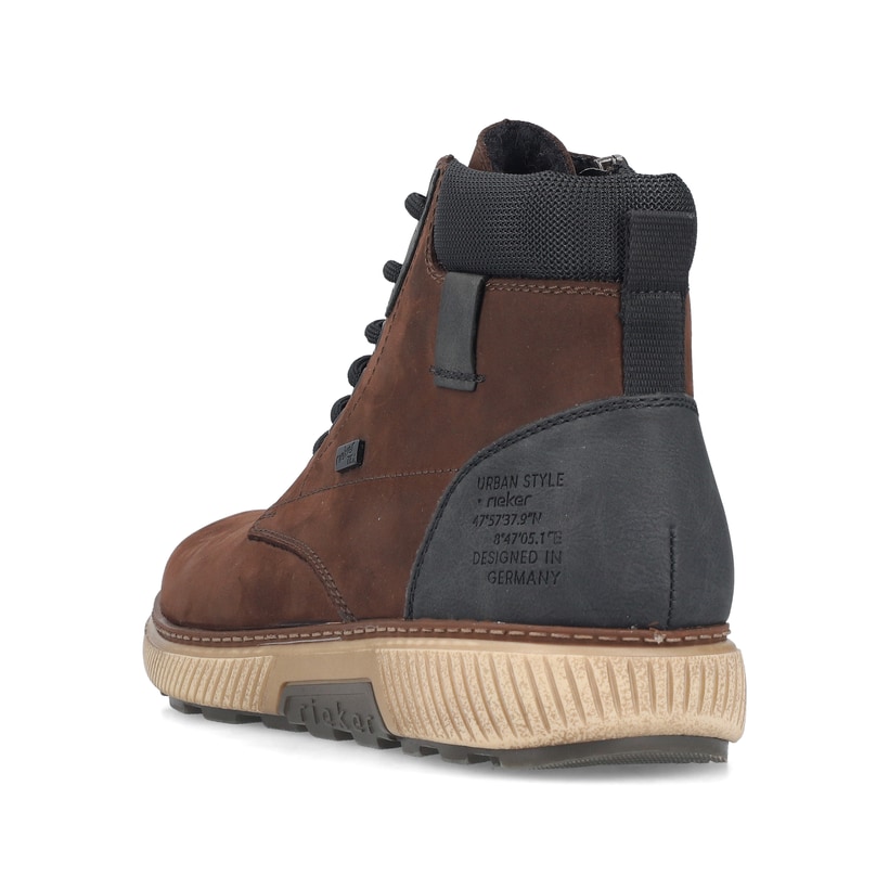 Dunkelbraune Rieker Herren Schnürstiefel B3343-27 aus Rauleder. Schuh von hinten.