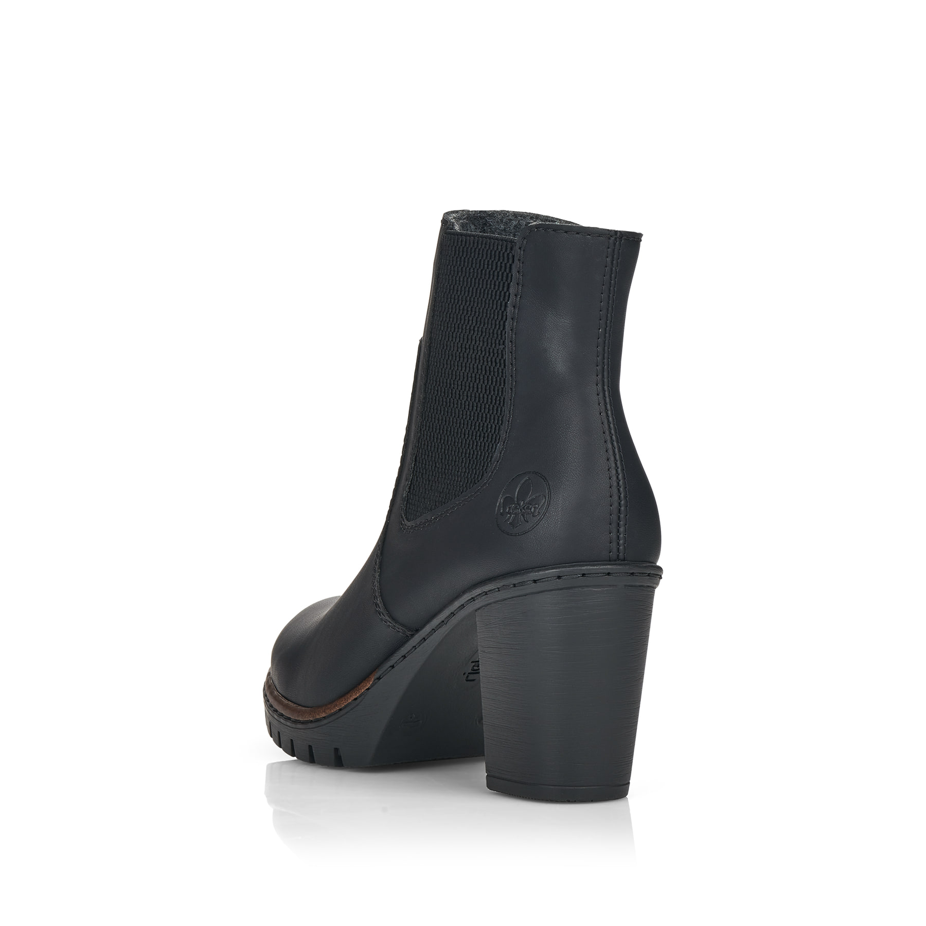Tiefschwarze Rieker Damen Stiefeletten Y2574-00 mit Reißverschluss sowie Blockabsatz. Schuh von hinten