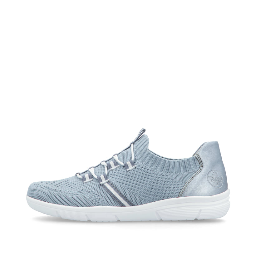 Blaue vegane Rieker Damen Slipper L7462-12 mit einem Gummizug. Schuh Außenseite.