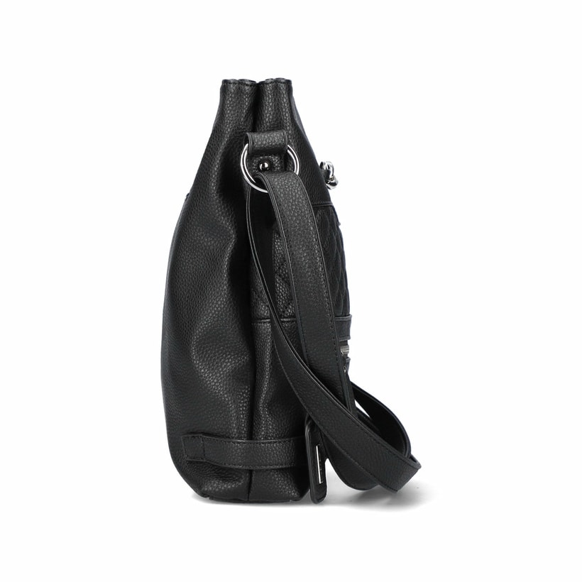 Rieker Umhängetasche H1072-01 in Schwarz mit Reißverschluss und individuell verstellbarem Schulterriemen. Linksseitig.