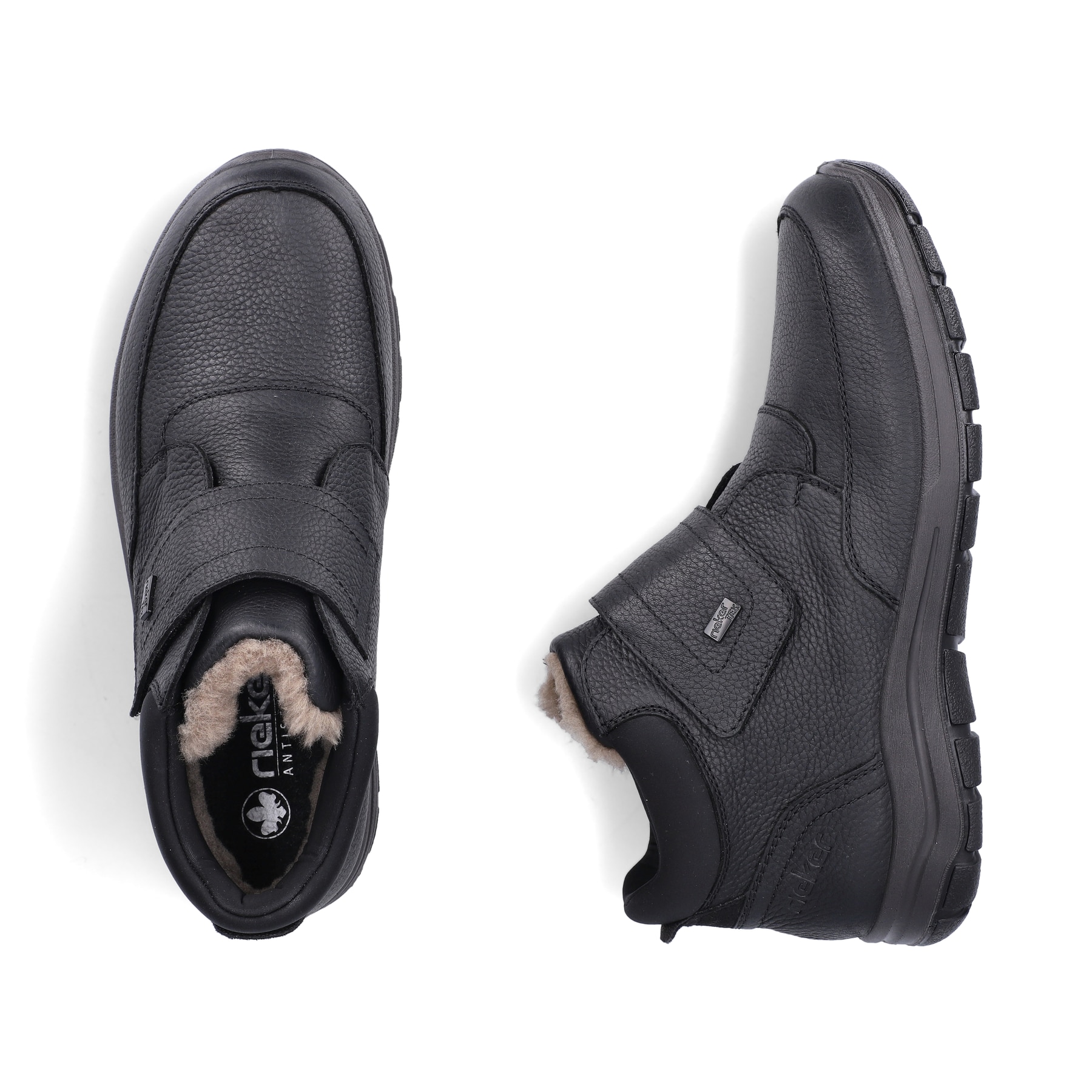 Schwarze Rieker Herren Kurzstiefel 03680-00 aus Glattleder. Schuh von oben, liegend.