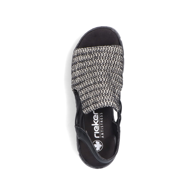 Sandales compensées Rieker noires femme V1051-00 avec bande élastique. Chaussure vue de dessus.
