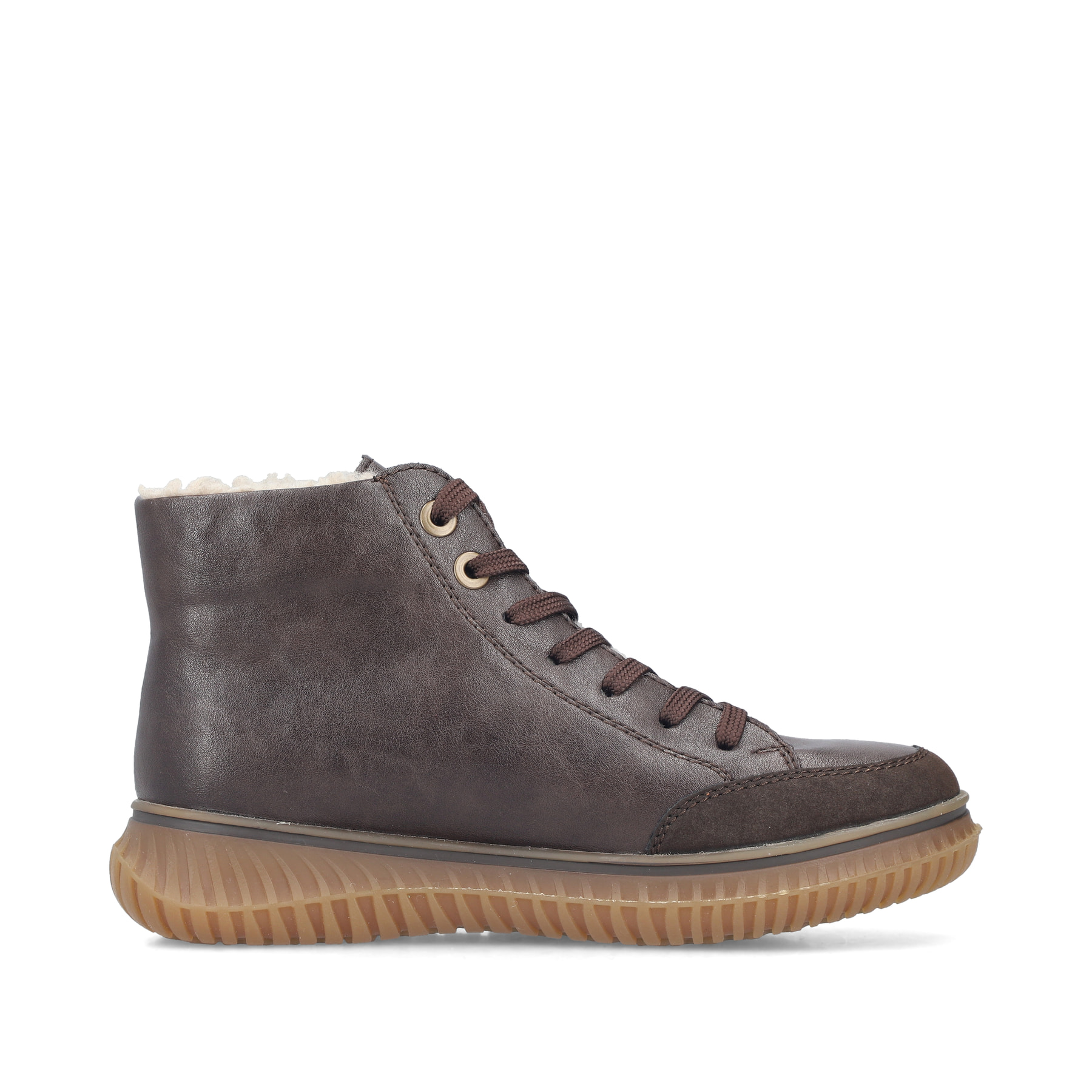 Dunkelbraune Rieker Damen Schnürstiefel 74234-25 mit modernen Ziernähten. Schuh Innenseite.