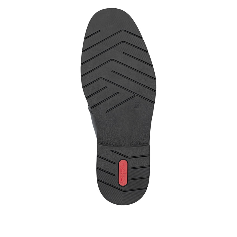 Mocassins Rieker noirs hommes 13950-00 en cuir lisse avec bande élastique. Semelle extérieure de la chaussure.