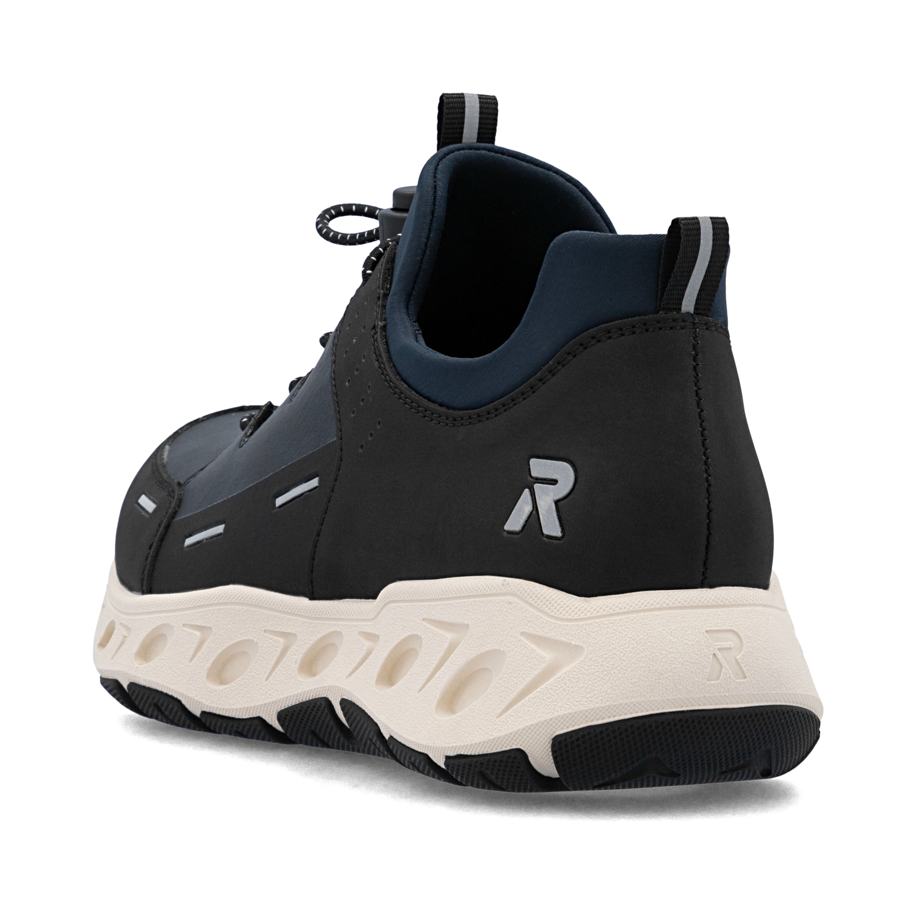 Baskets basses Rieker bleues pour femme M6550-14 avec bande élastique. Chaussure vue de l'arrière.