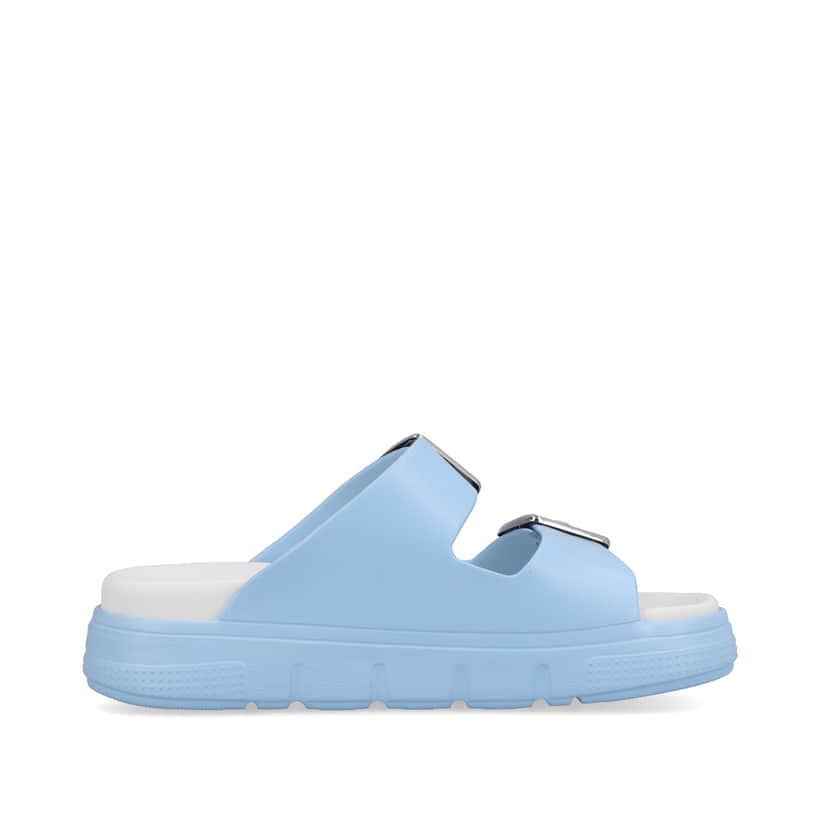 Blaue Rieker Damen Pantoletten P2180-10 mit Schnallen sowie ultraleichter Sohle. Schuh Innenseite.