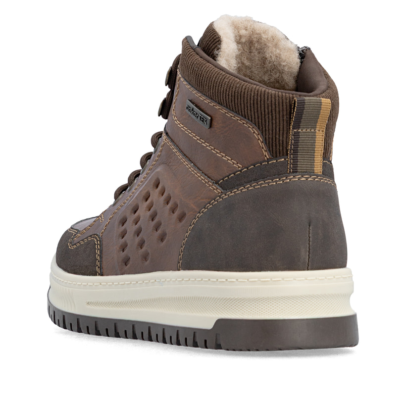 Braune Rieker Herren Schnürstiefel 38504-25 mit wasserabweisender TEX-Membran. Schuh von hinten.
