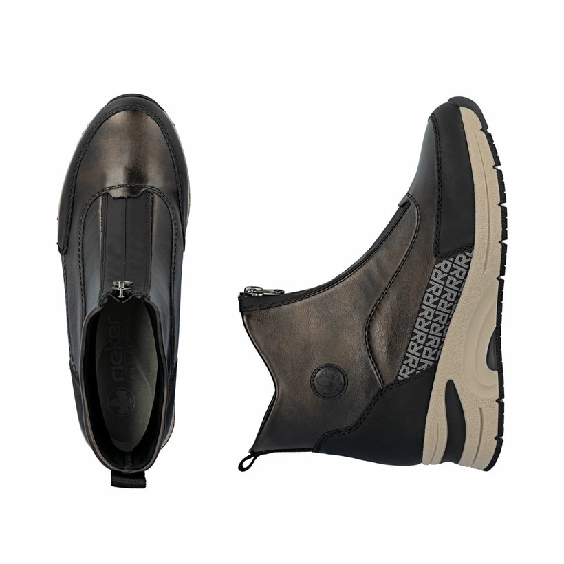 Bronzene Rieker Damen Kurzstiefel N9381-60 mit Metallic-Finish. Schuh von oben, liegend.