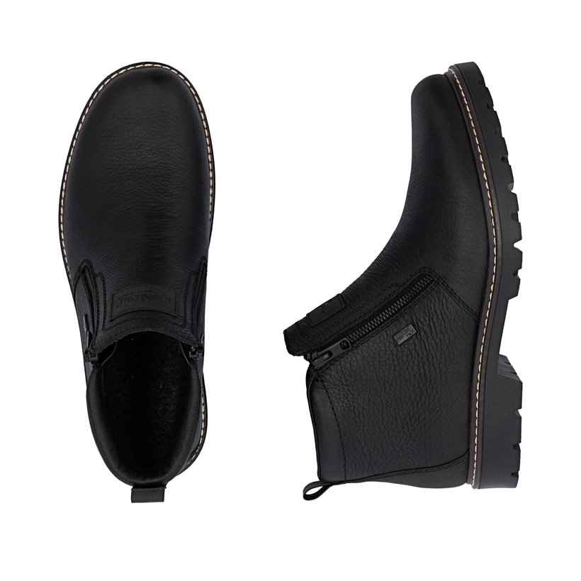 Schwarze Rieker Herren Kurzstiefel 39871-00 aus Glattleder. Schuh von oben, liegend.